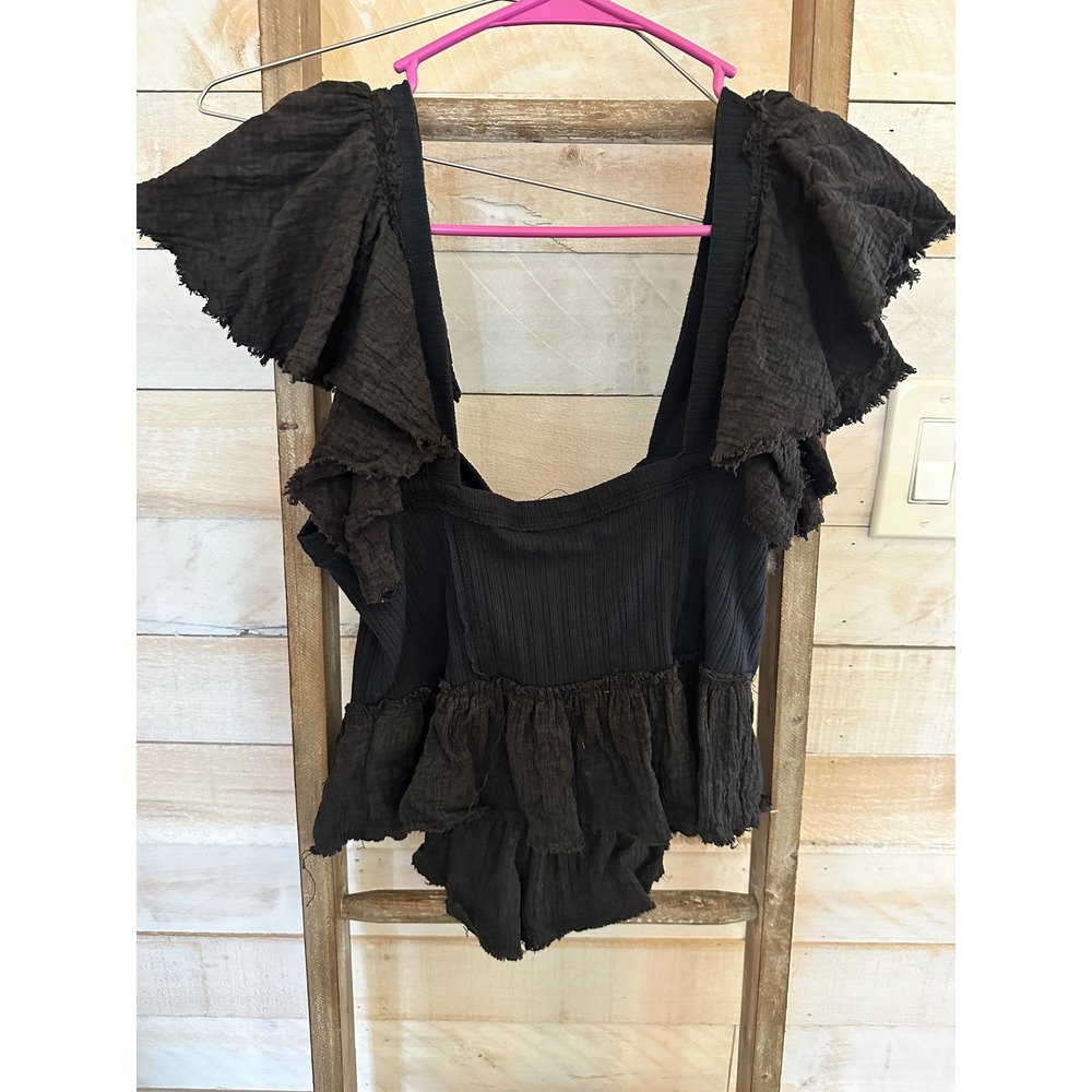Free People Black Ruffle Peplum Ribbed Knit Top Raw Edge Boho Sleeveless Medium